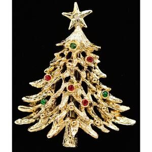 Tancer II Vintage Christmas Tree Pin Brooch Rhinestone Gold Holiday Signed BinAJ